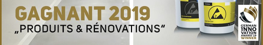 Bannière indiquant que les produits ESD de Dr. Schutz ont été les vainqueurs du "German innovation awards 2019". On peut voir deux pots de ESD Coating.