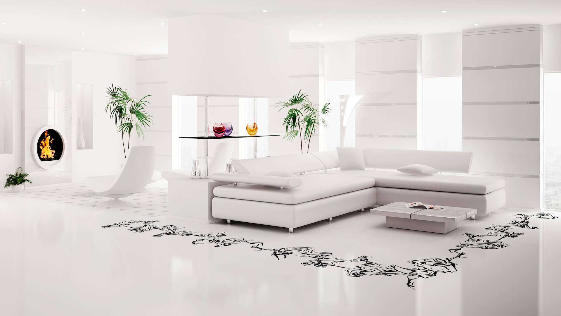salon design avec grand canapé blanc et sol personnalisé en noir sur fond blanc